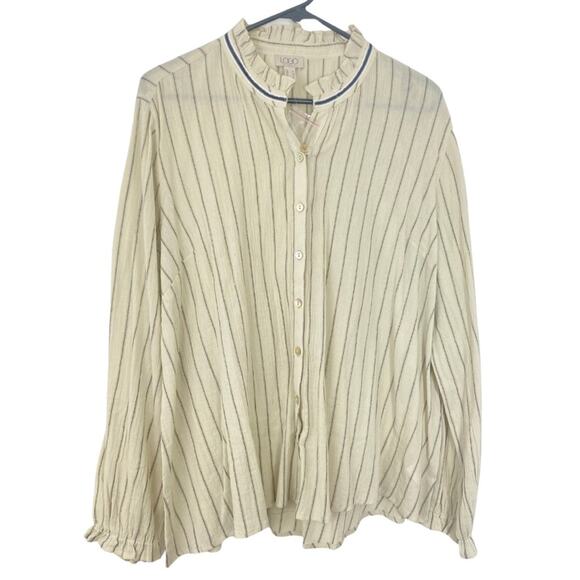 LOGO by Lori Goldstein Cream and Black Striped Blouse Ruffle Collar and Sleeves - Picture 1 of 8